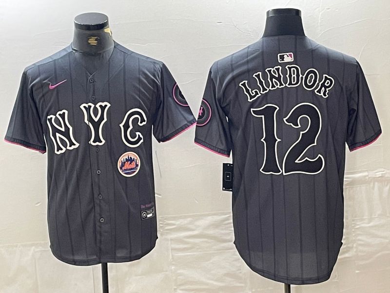 Men New York Mets #12 Lindor Black City Edition 2024 Nike MLB Jersey style 1->new york mets->MLB Jersey